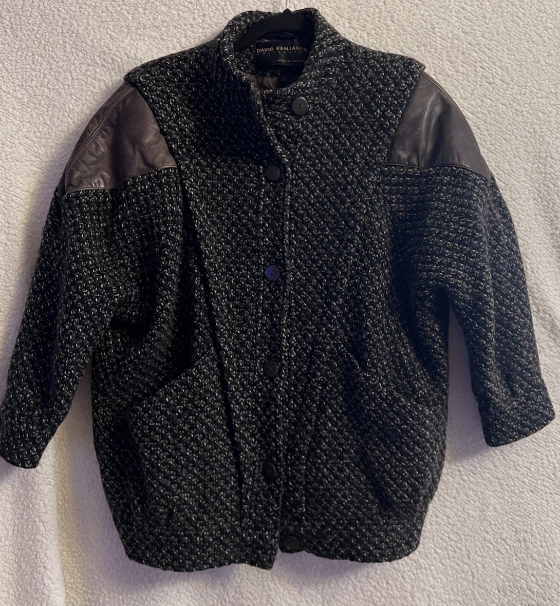 Vintage 80’s David Benjamin Collection Tweed Leather Coat Bracelet Sleeves Sz 8