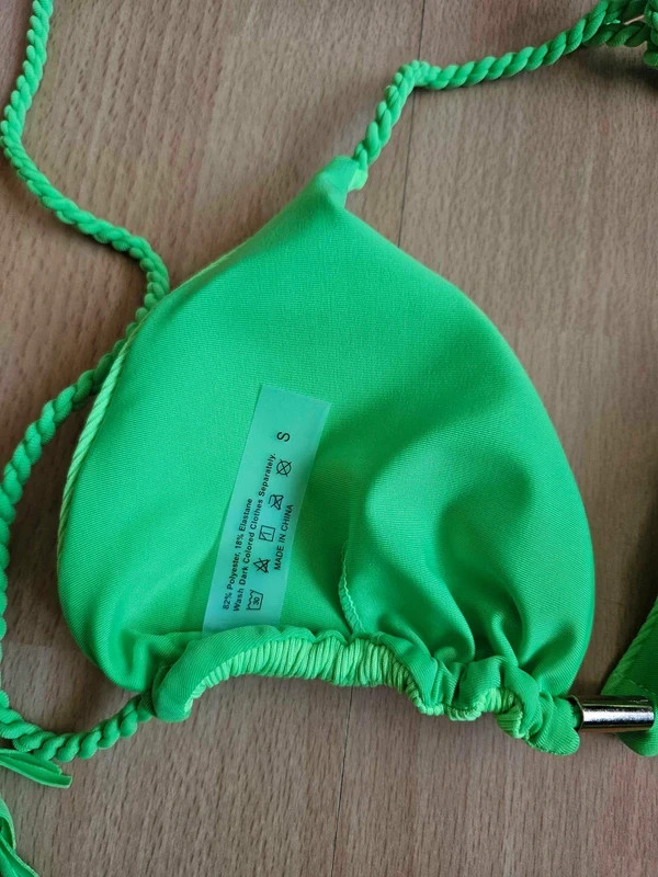 Shein Ribbed Fabric Handwoven Tassel Halter Neck Neon Green Lime Bikini Set