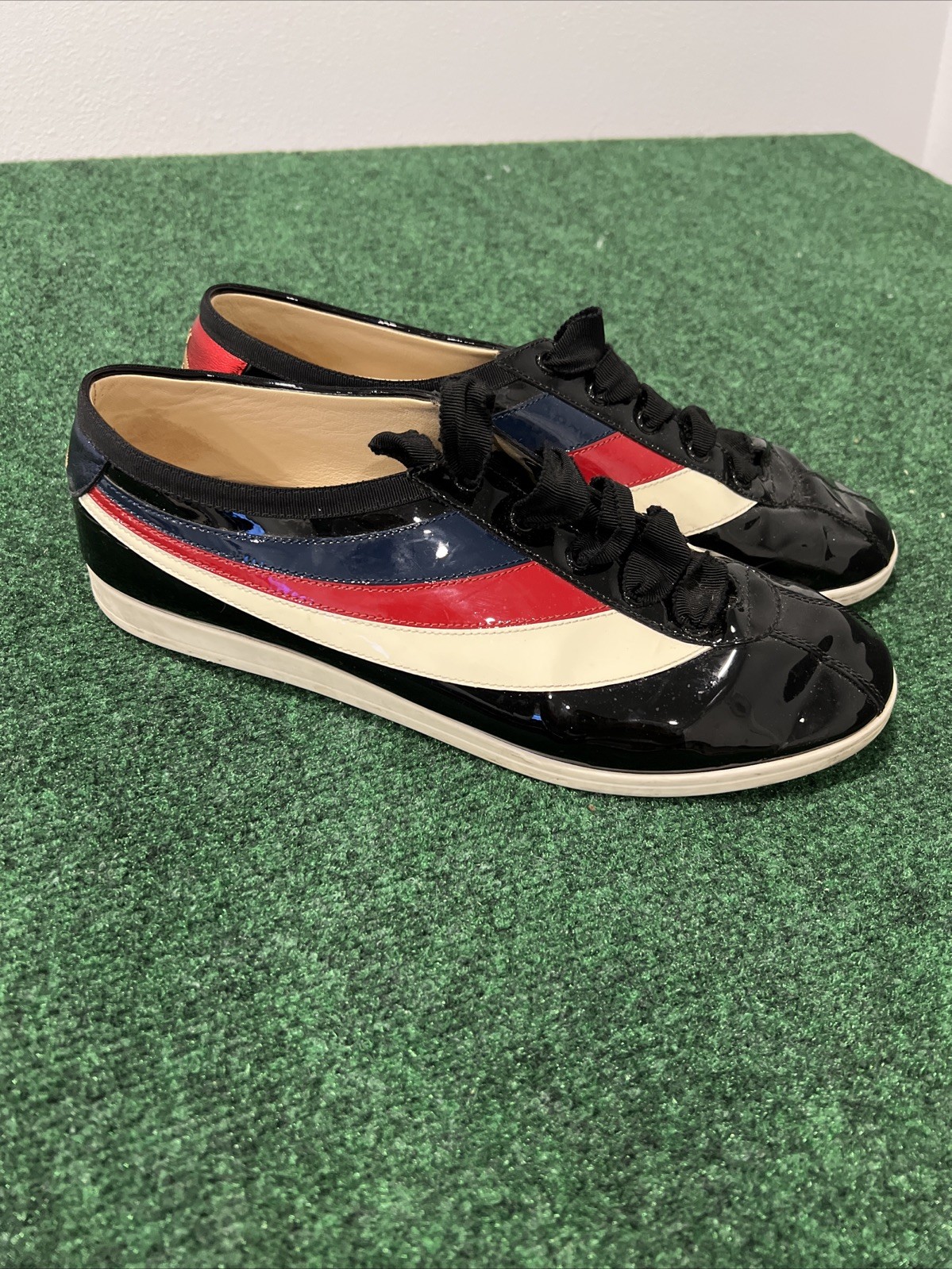 Gucci Men’s Falacer Hebron Web Patent Leather. Size 11 G 11.5 US Navy Red White