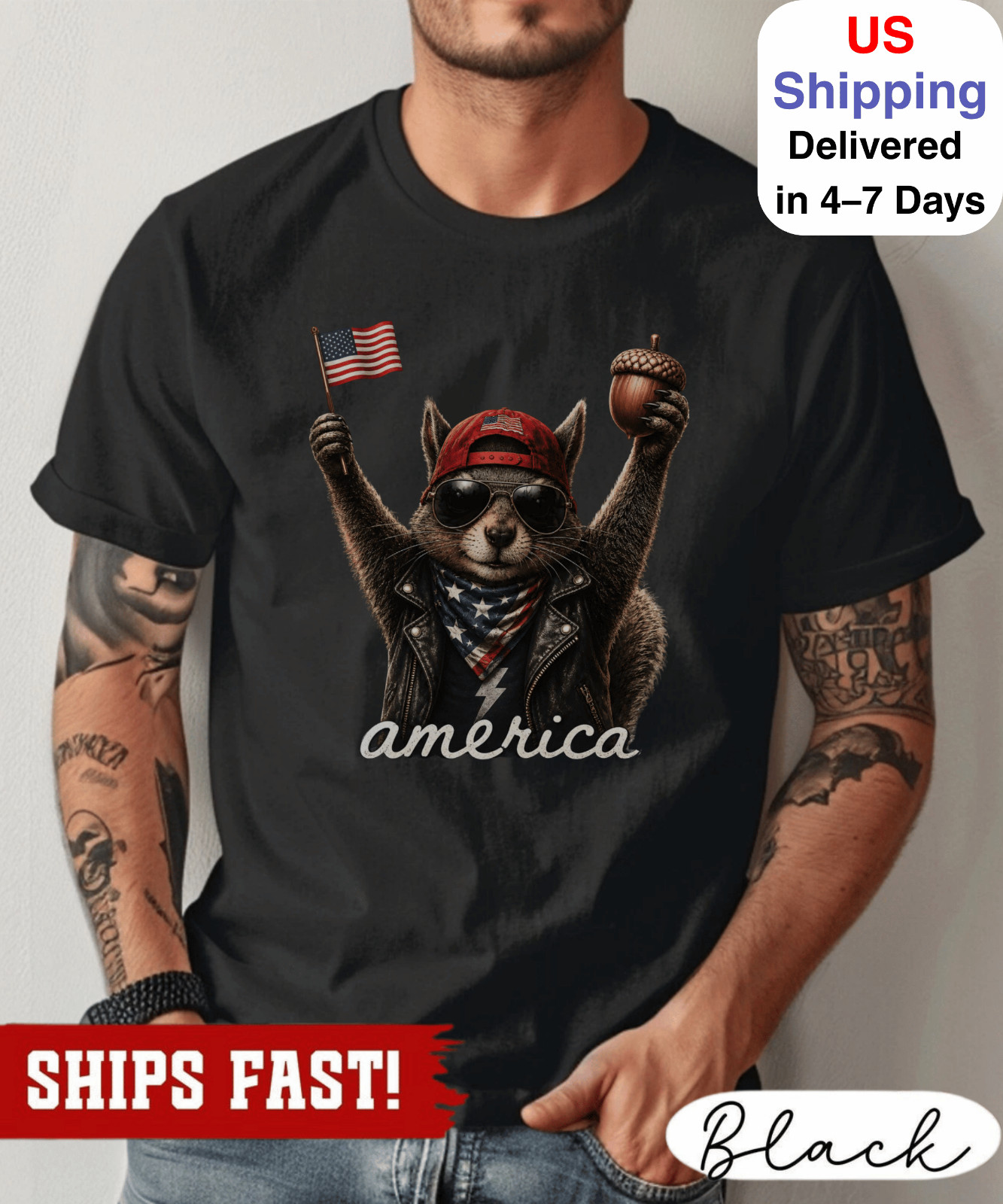 Rocker Squirrel Shirt, America 250 Patriotic USA Flag Tee