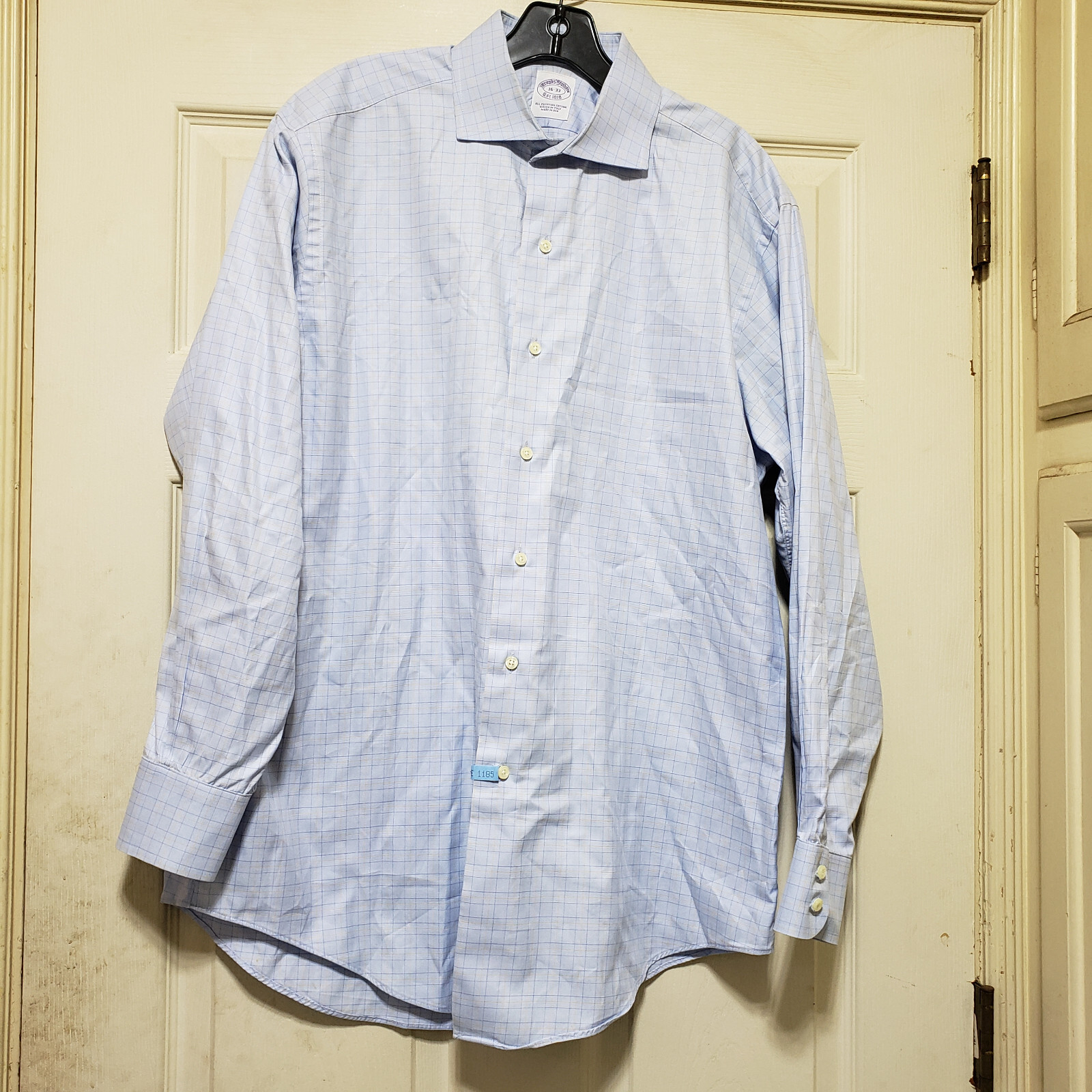Brooks Bros Shirt Mens 16 33 Blue Check Work Office Cutaway USA Egyption Vtg Dad