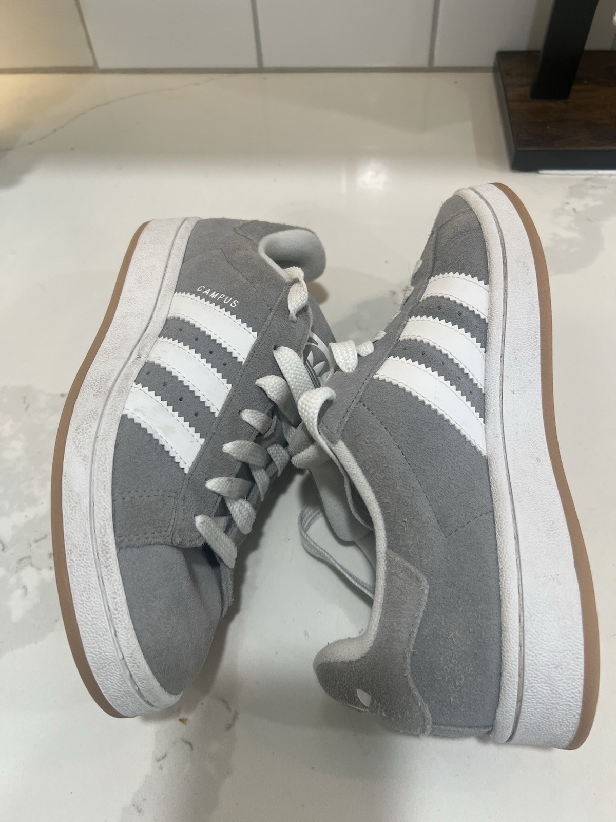 Women’s Adidas Campus Low Top Suede Sneaker Gray/White 3-Stripe Lace-Up Gum Sole