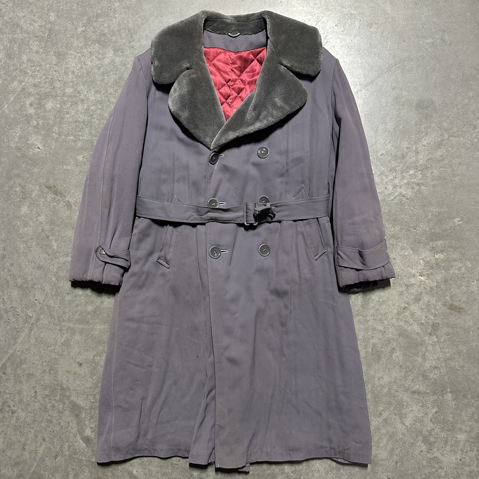 VTG 40s/50s Gabardine Double Breasted Fur Collar Long Coat Belted XL Rockabilly