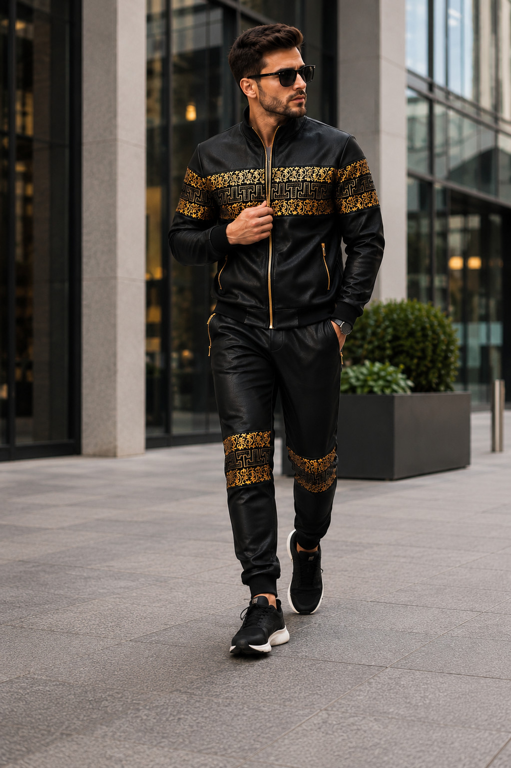 Mens Black Gold Baroque Tracksuit 2 Piece Zip Hoodie Jogger Set Luxury Designer
