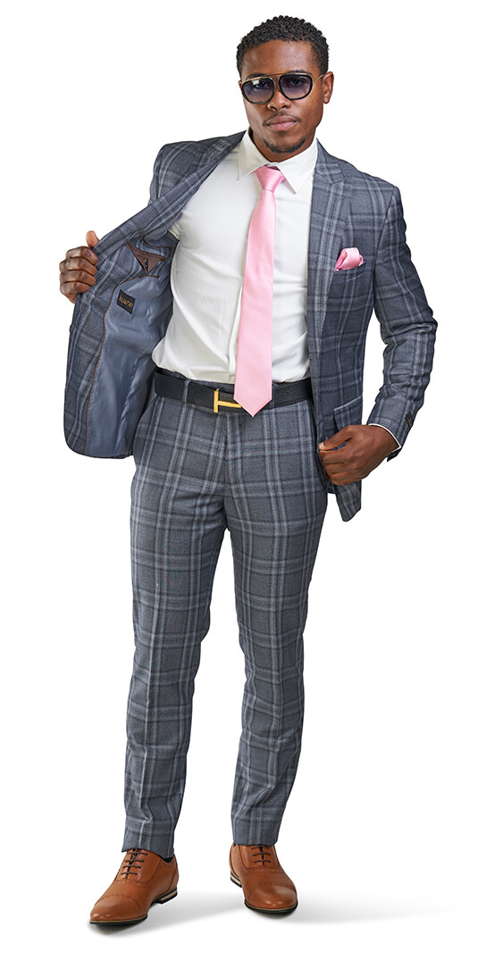 Slim Fit 2 Button Slate Gray Windowpane Plaid Mens Suit Peak Lapel 35071 AZARMAN