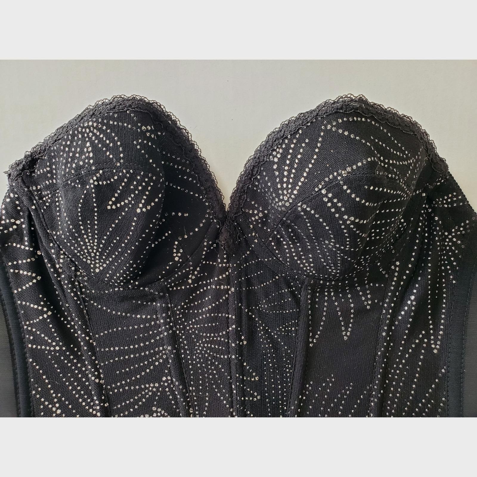 Vintage 90s Black Silver Lace Corset Strapless Floral Bustier Mesh Lingerie 34B