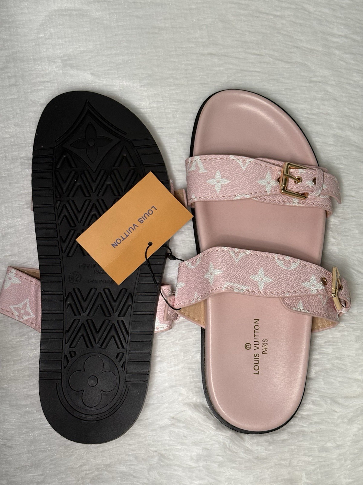 Louis Vuitton Monogram Double Strap Buckle Slide Sandals Pink/White EU 42