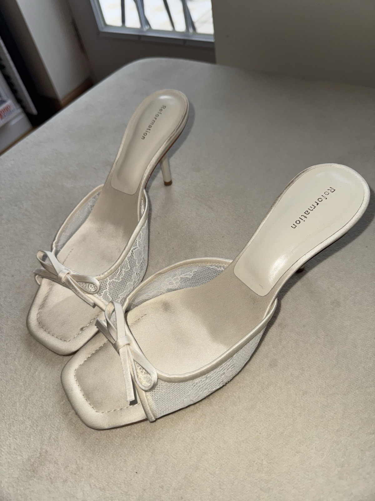 Reformation White Silk Lace Kitten Heels