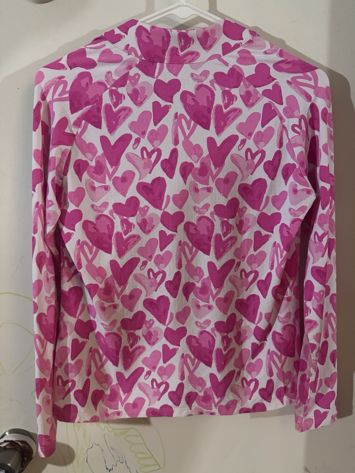 SZ L IBKUL Womens 1/4 Zip Top Pink Heart Print Mock Neck Long Sleeve UPF 50