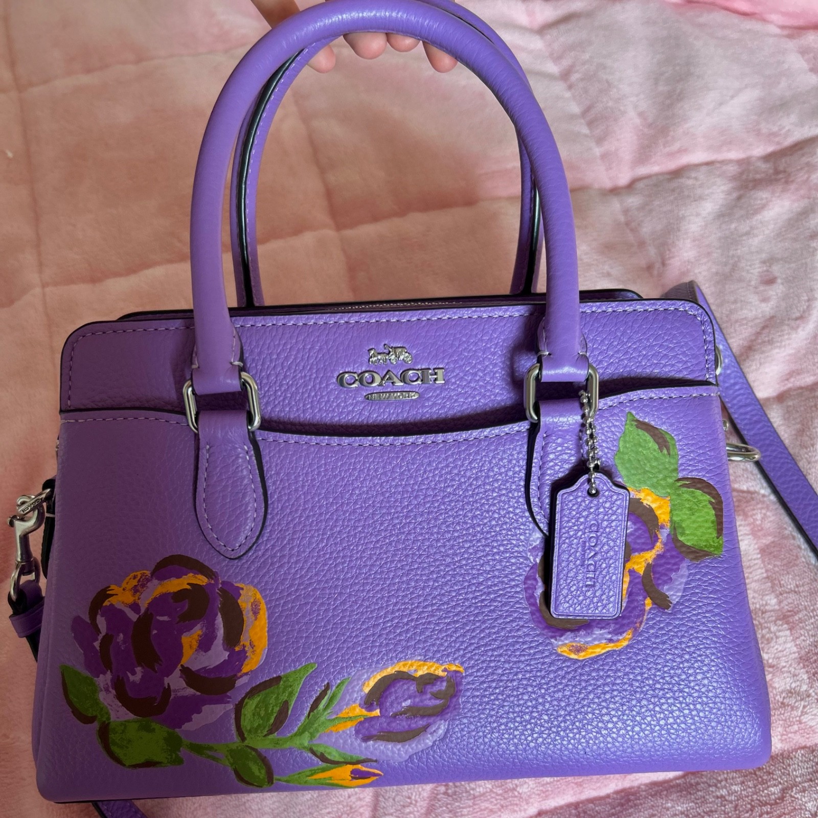 NWOT COACH CL423 Mini Darcie Carryall Rose Print Iris Purple Pebble Leather