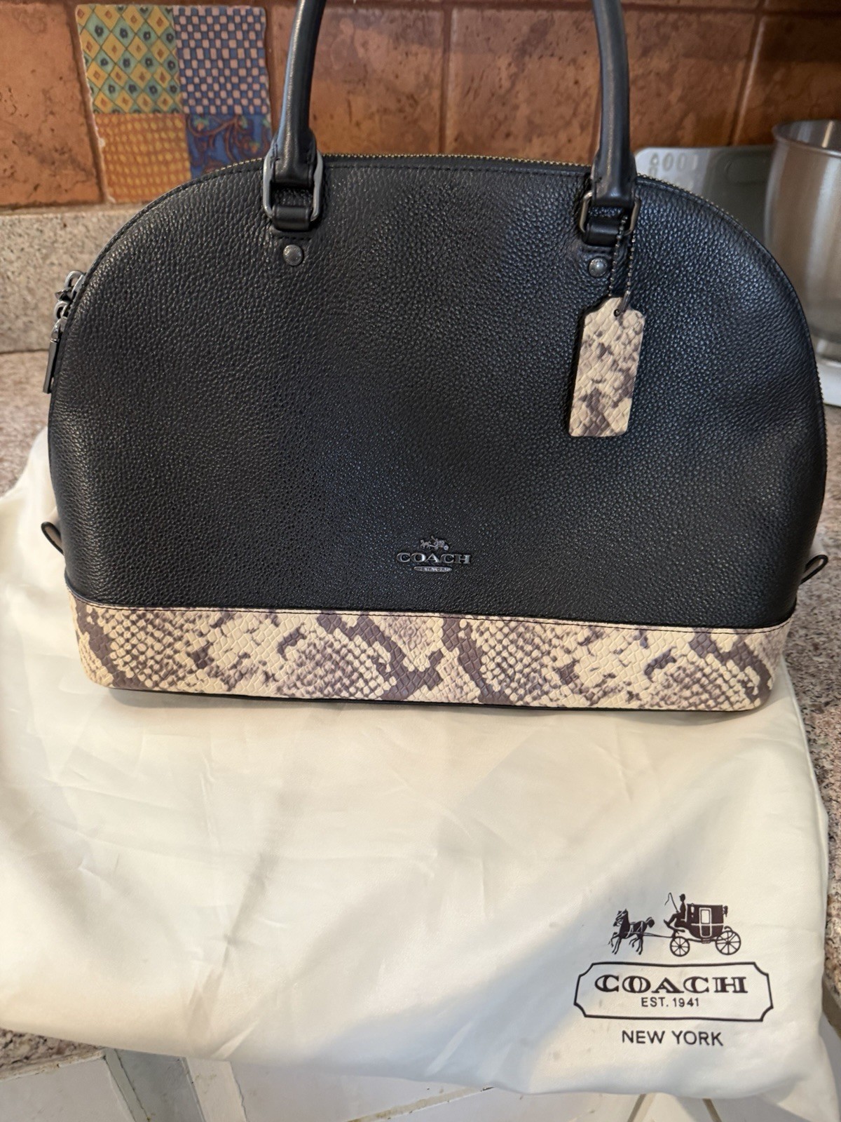 Coach Sierra Satchel Dome Crossbody Bag Black Pebbled Leather medium Snake Print