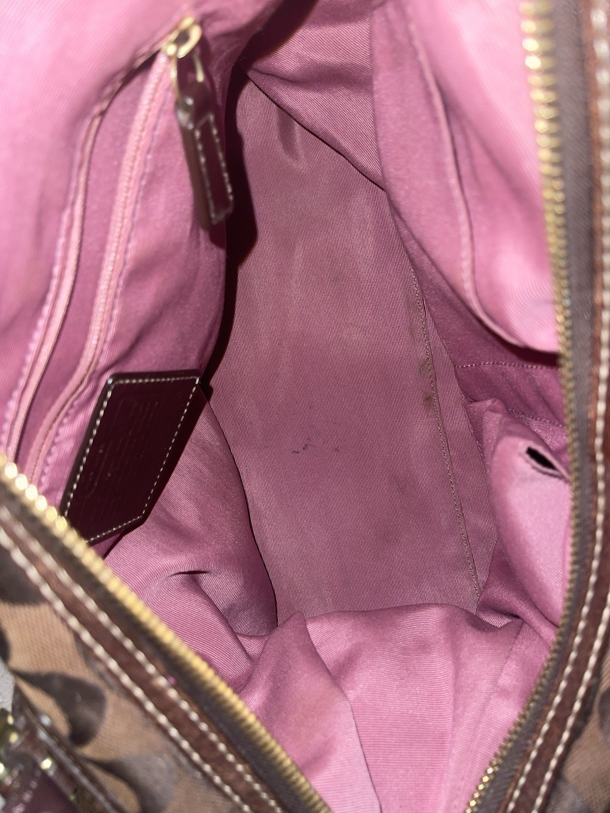 Coach Soho Signature Monogram Brown Satchel Top Handle Zip Pink Lining Bag