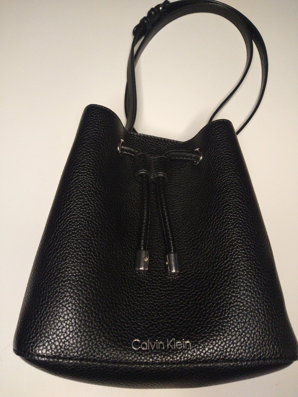 Calvin Klein Black Pebbled Bucket Bag Drawstring, Adjustable Strap