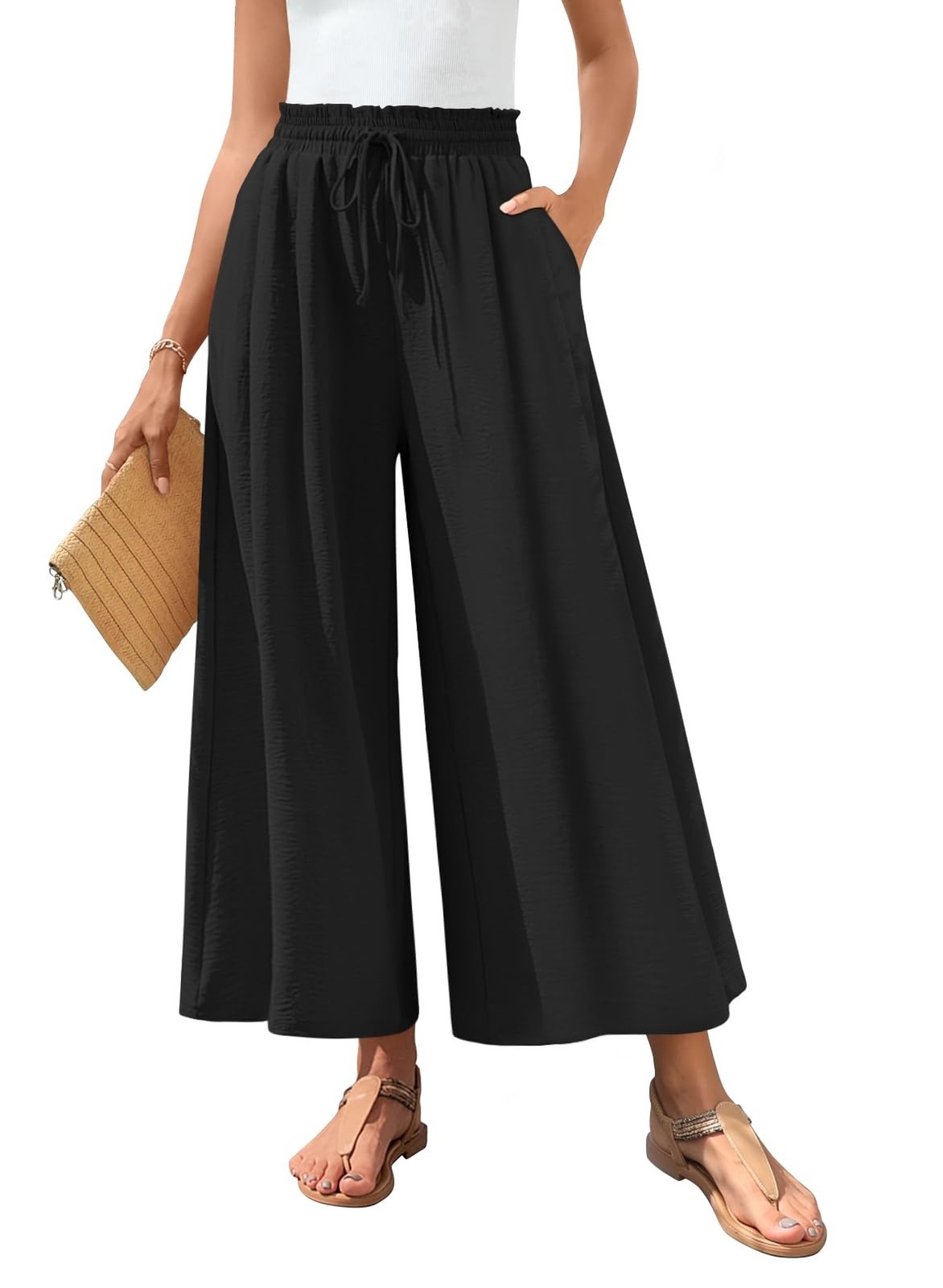 Bestbee Women’s Wide Leg Palazzo Pants Dressy Casual Gaucho Pants Elastic Wai…