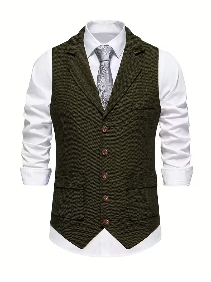 Mens Herringbone Wool Blend Waistcoat Formal Jacket XS-3XL Vintage Western Style