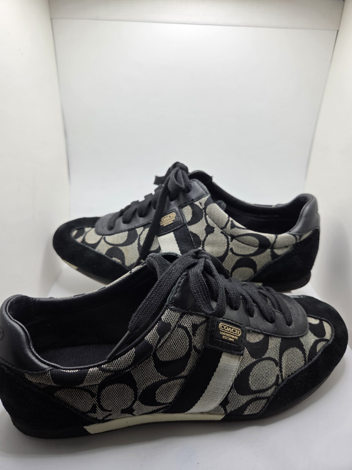 Y2K Coach Joss Sig. Monogram Canvas/Suede Sneakers Black/Gray Q293 Women’s 8.5