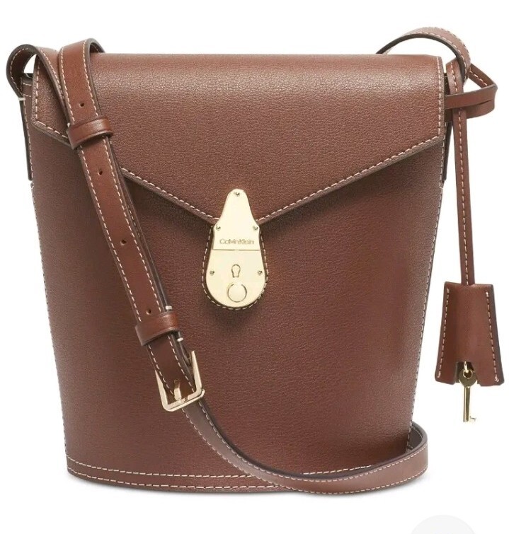 Calvin Klein Brown Lock Bucket Crossbody Bag