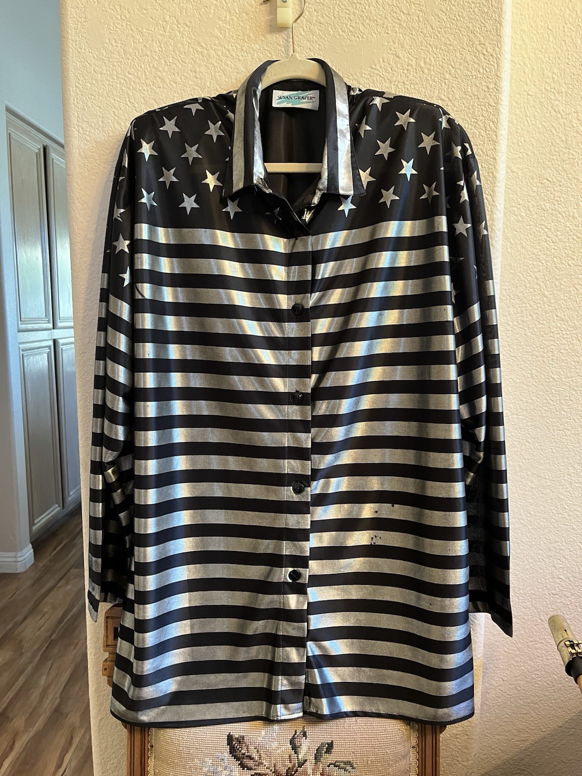 Party Shirt Summer – Stars & Stripes Blouse Womens XL Sizing Sheer Lightweight