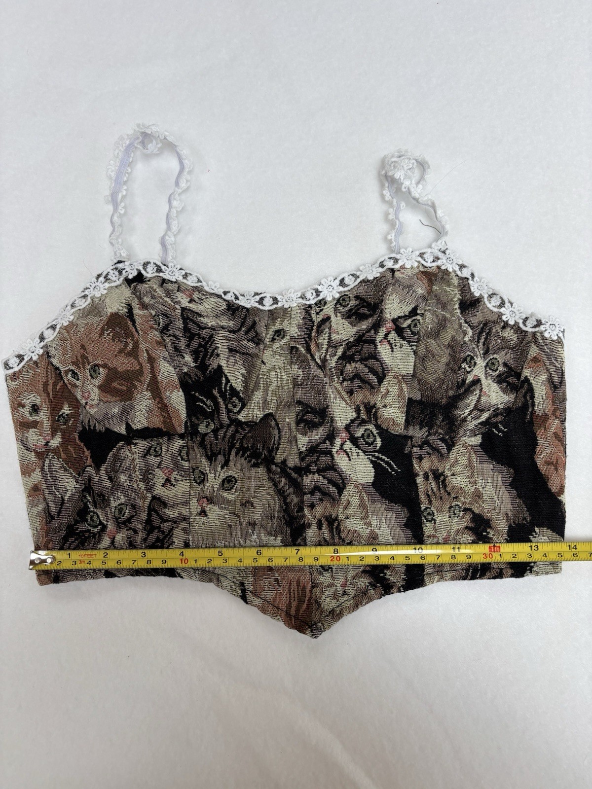Women’s Handmade Cat Animal Print Corset Bustier Lace Trim Zip Top Size Small