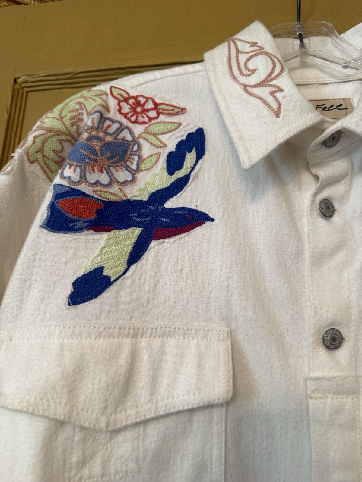 We The Free White Embroidered Bird Cotton Denim Collared Shacket Pockets XS