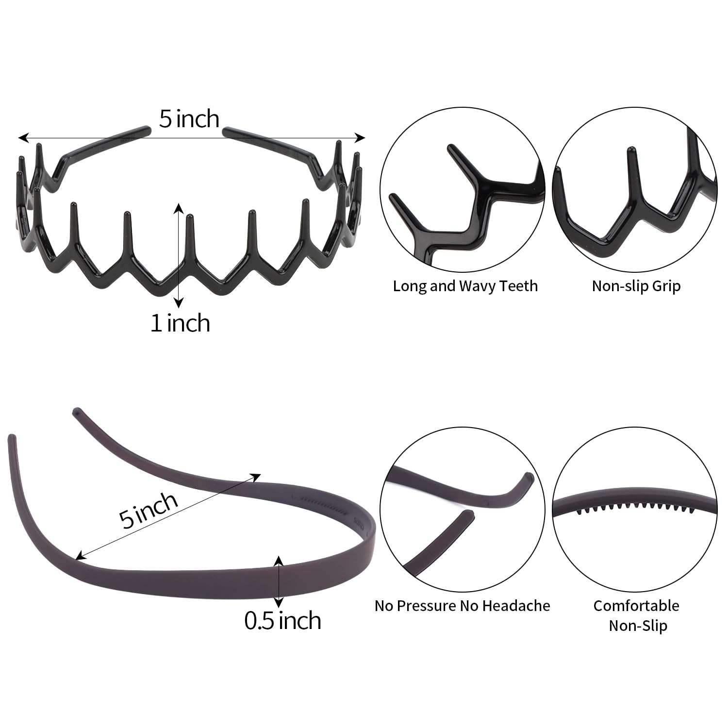 VELSCRUN Zig Zag Claw Comb Headbands for 1 Count (Pack of 7), Black Brown