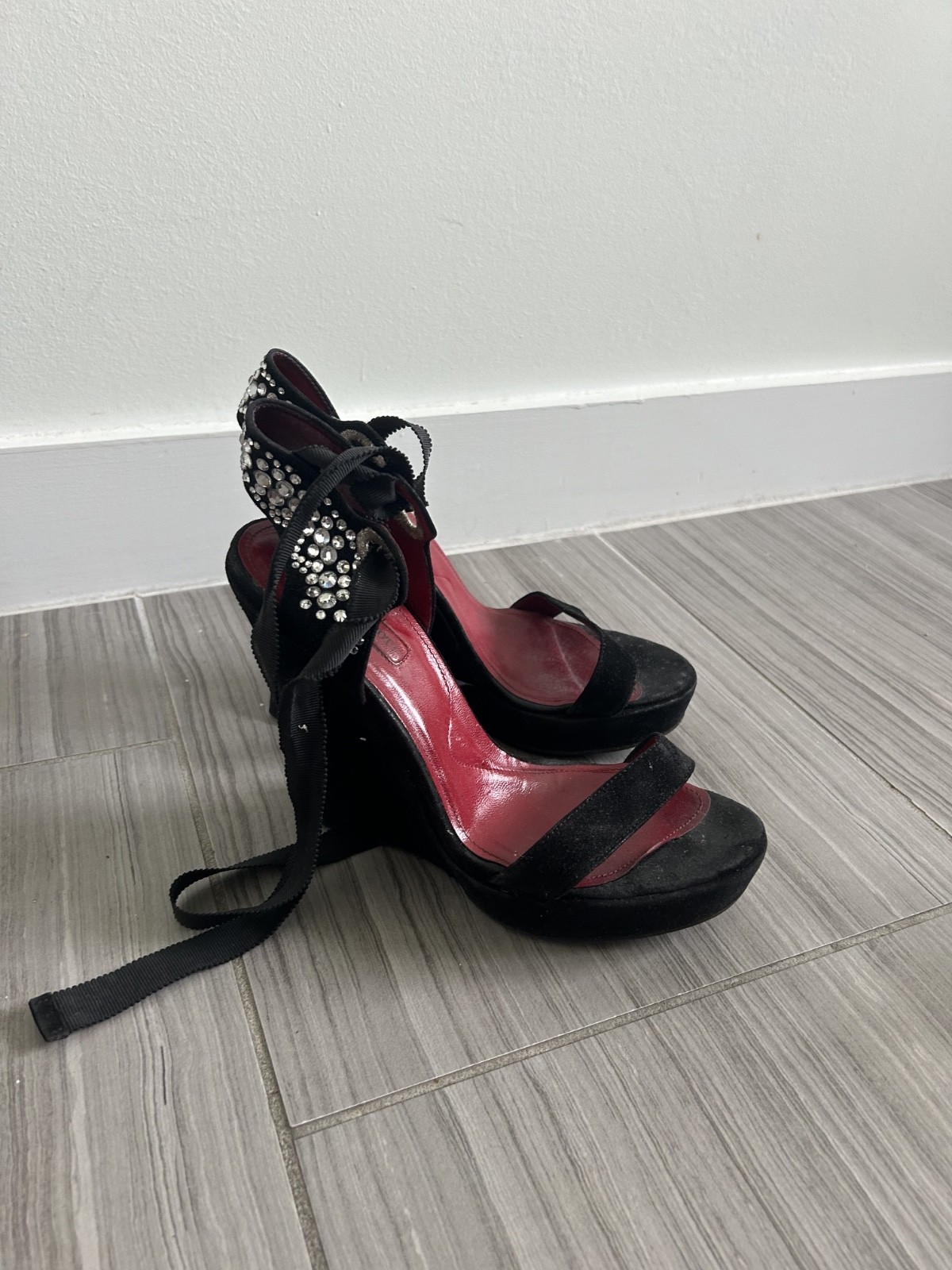 Cesare Paciotti Platform Heels Women Black Suede Rhinestone Ankle Wrap Sandals