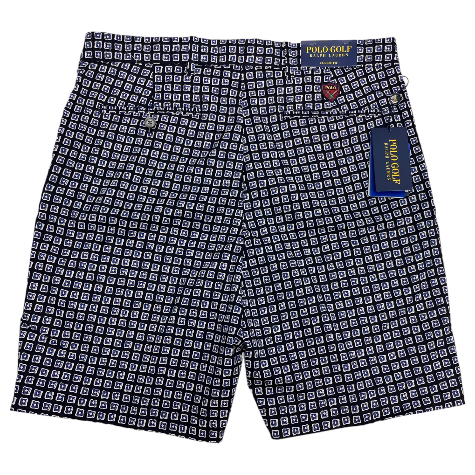 Polo Golf Ralph Lauren Shorts Navy Blue Geometric Stretch Classic Fit $115 NOLA