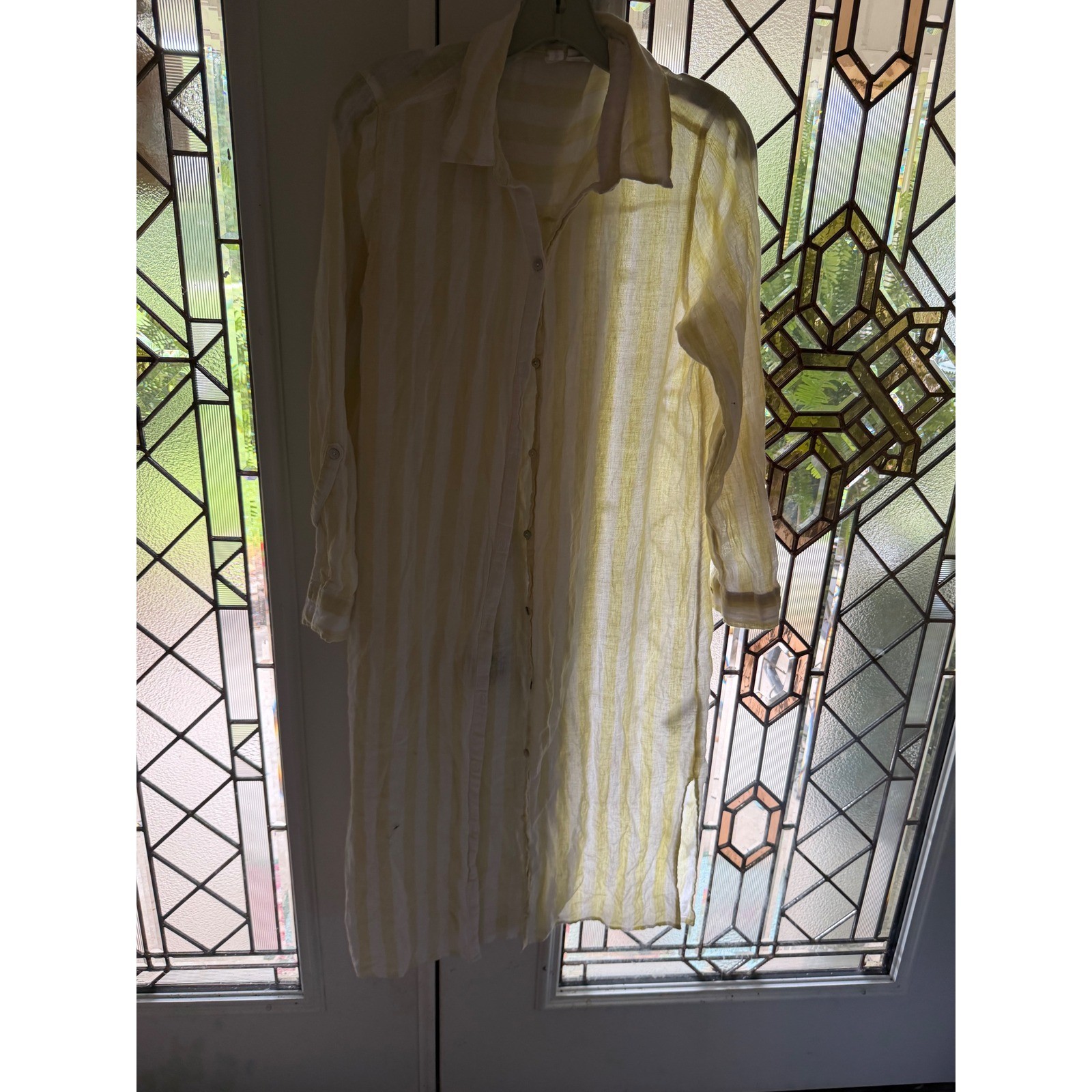Cynthia Rowley Yellow White Striped Linen Blend Button Down Shirt Dress Small