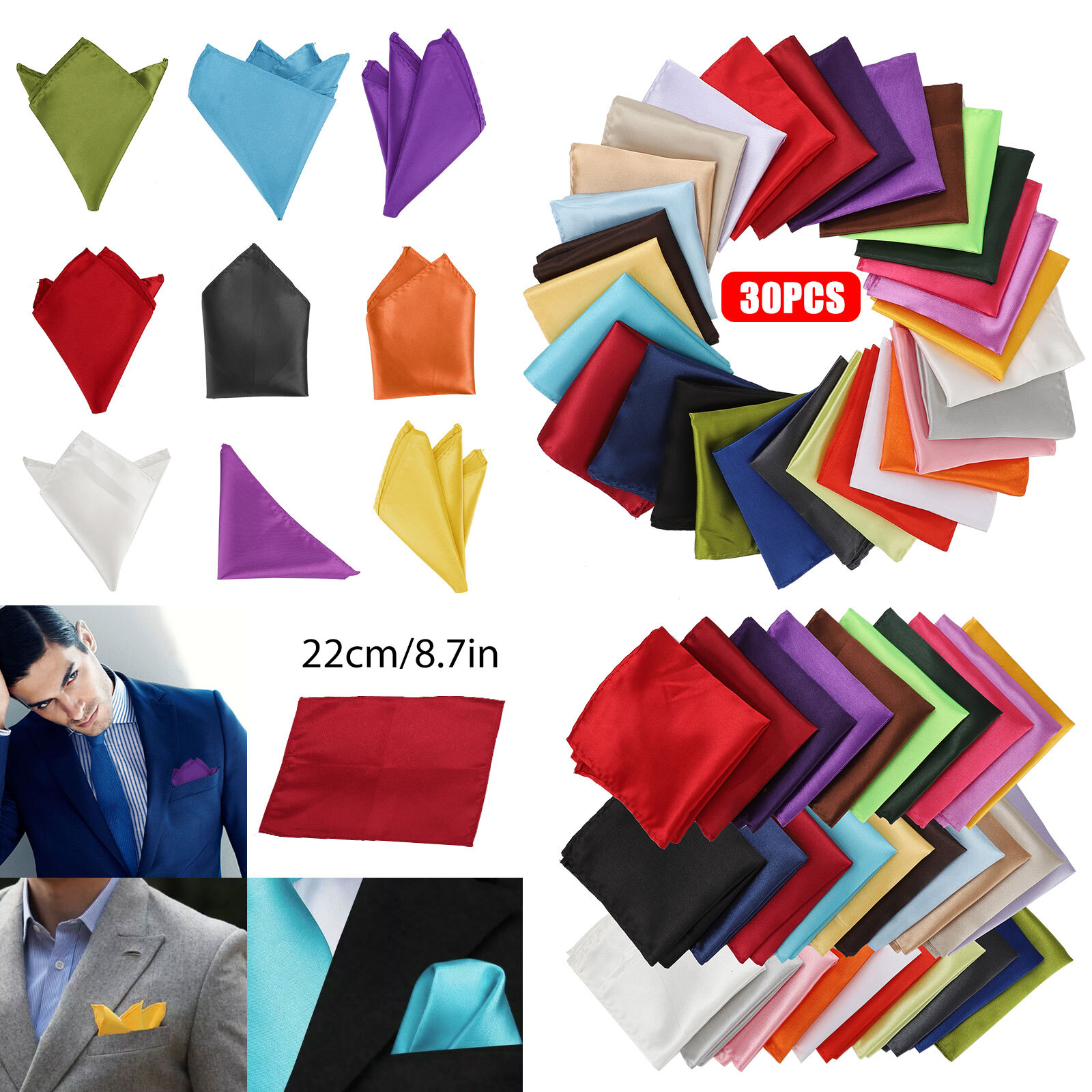 30pcs Men Silk Satin Pocket Square Handkerchief Plain Solid Color Wedding Party