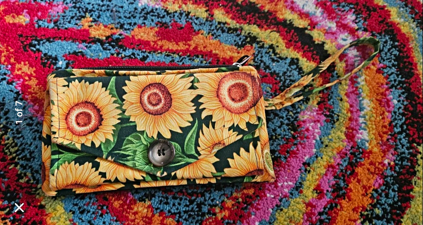 Sunflower Floral Zip-Around Wristlet Wallet w/ Wrist Strap, Zipper Button