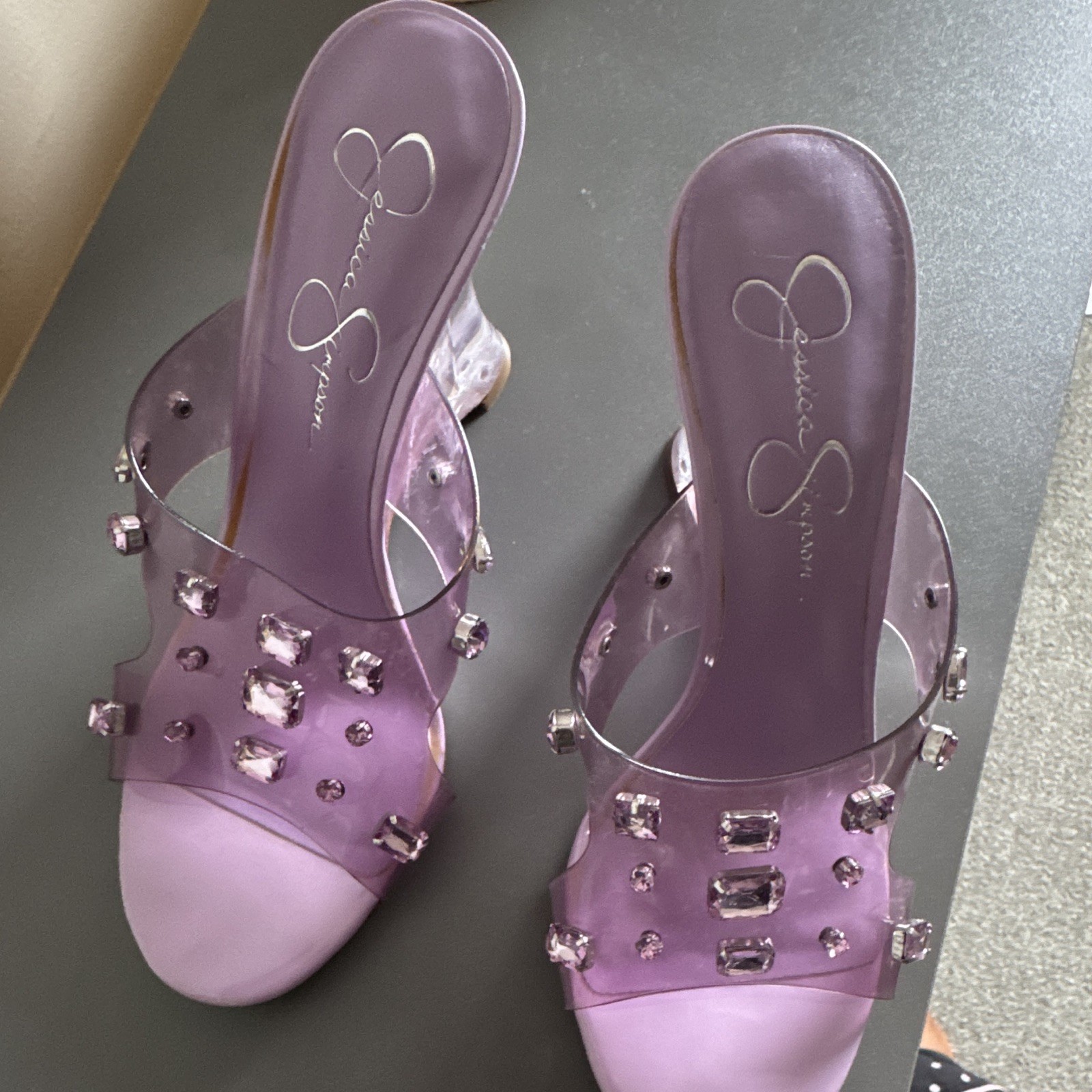 Jessica Simpson Women’s Purple/Clear Plastic Rhinestone Slide Mule Heels 9.5M