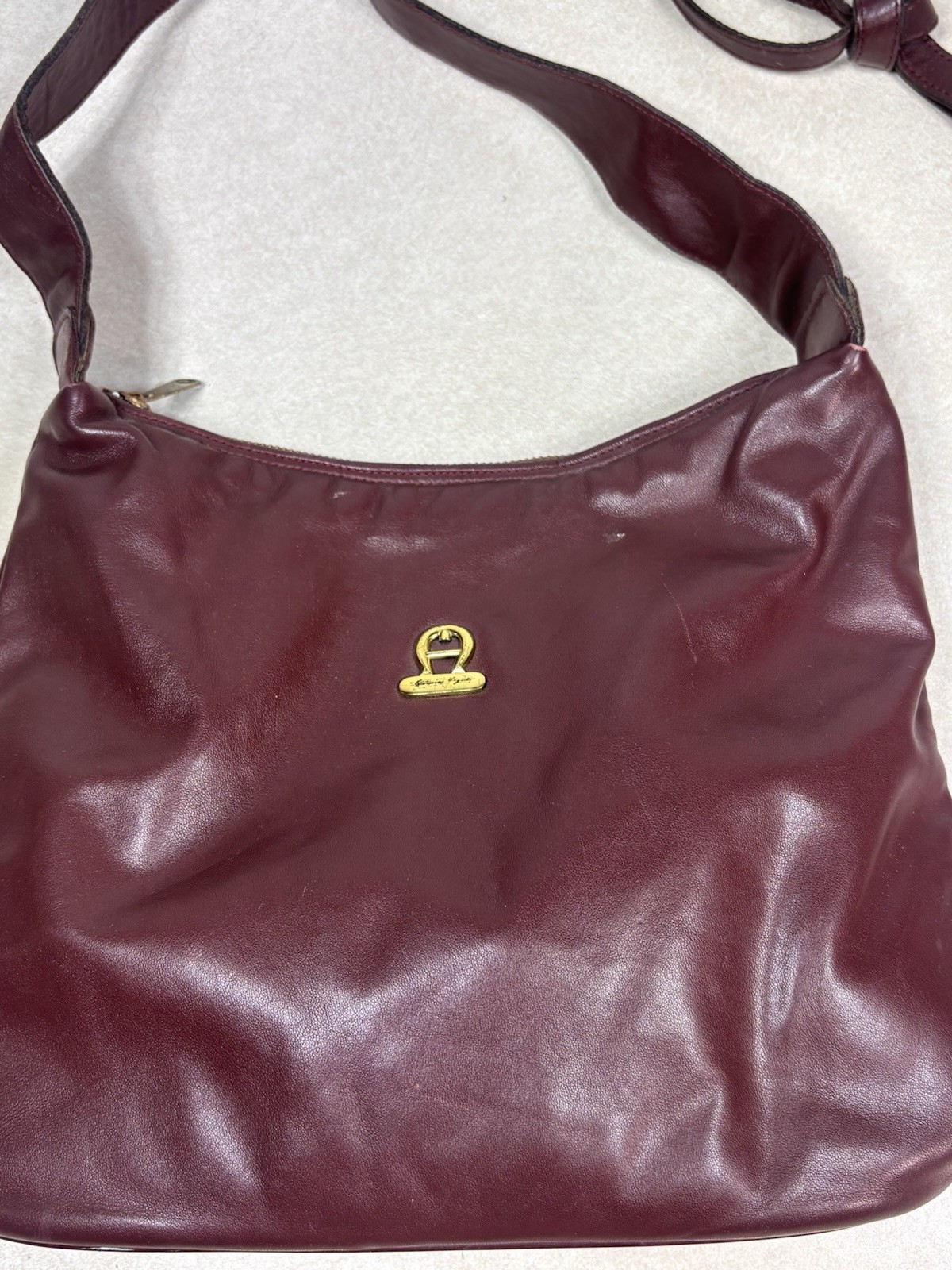 1980s Etienne Aigner Oxblood Leather Knotted Hobo Bag Curved Scoop Purse