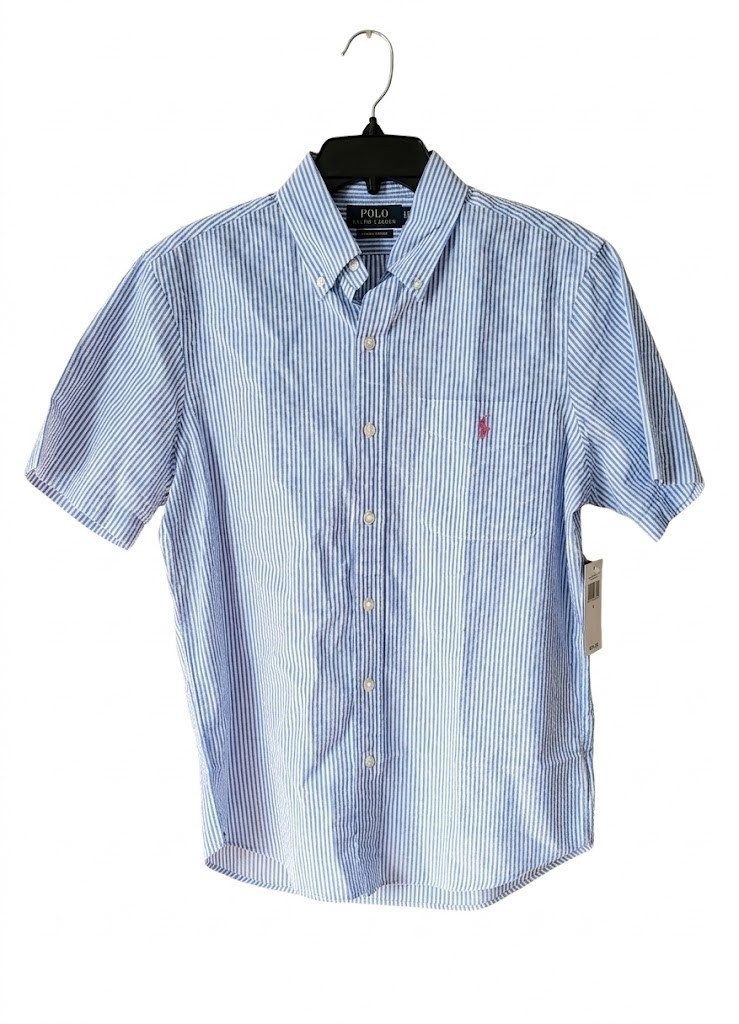 NWT Mens Polo Ralph Lauren Size S Color Blue/White Striped Seersucker Shirt