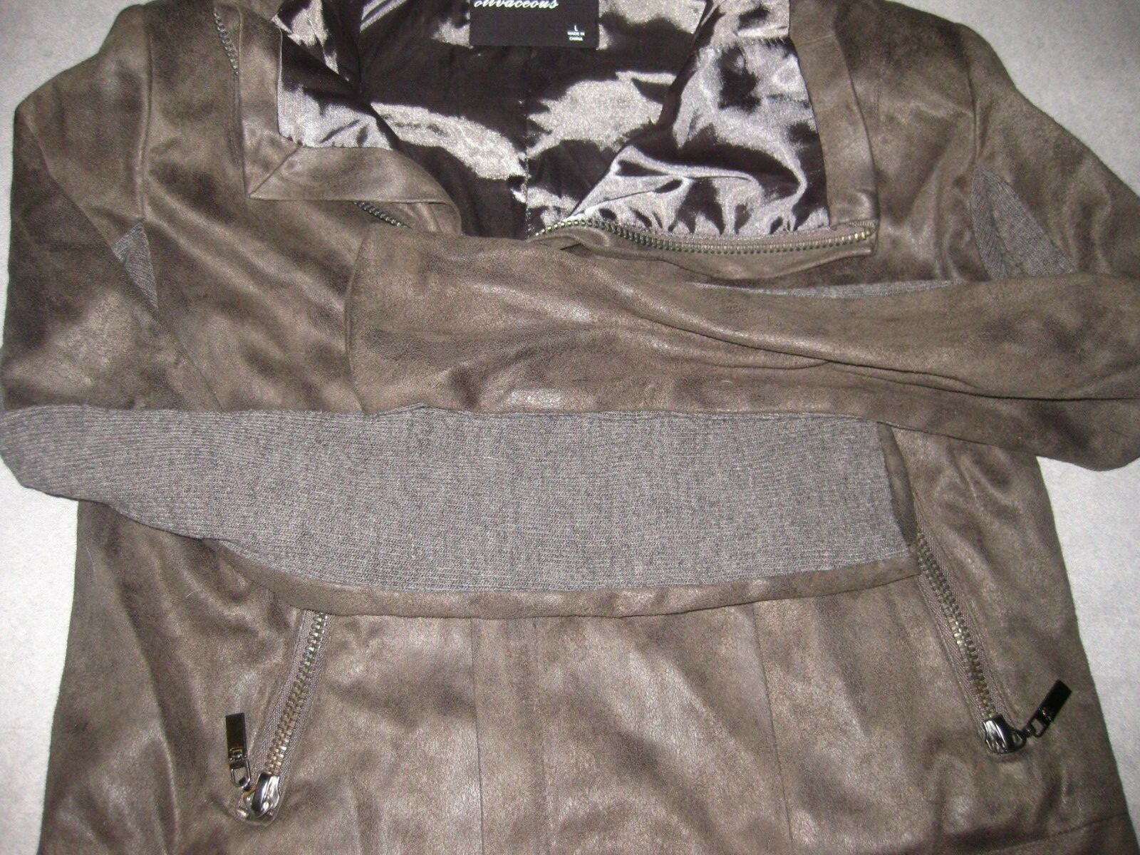 Olivaceous PU Synthetic Leather Gray Biker Jacket Zipper Pockets Size Large L