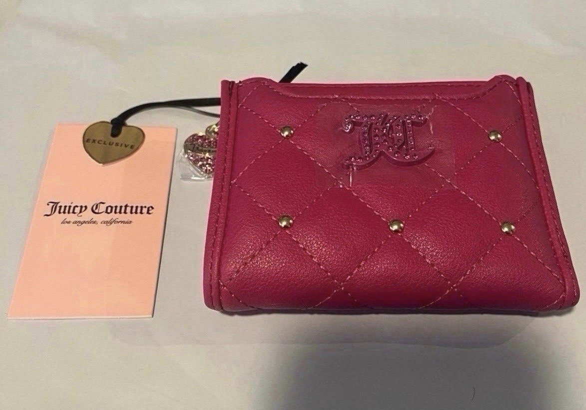 Juicy Couture Pink Quilted Studded Logo Folding Wallet, Credit Card