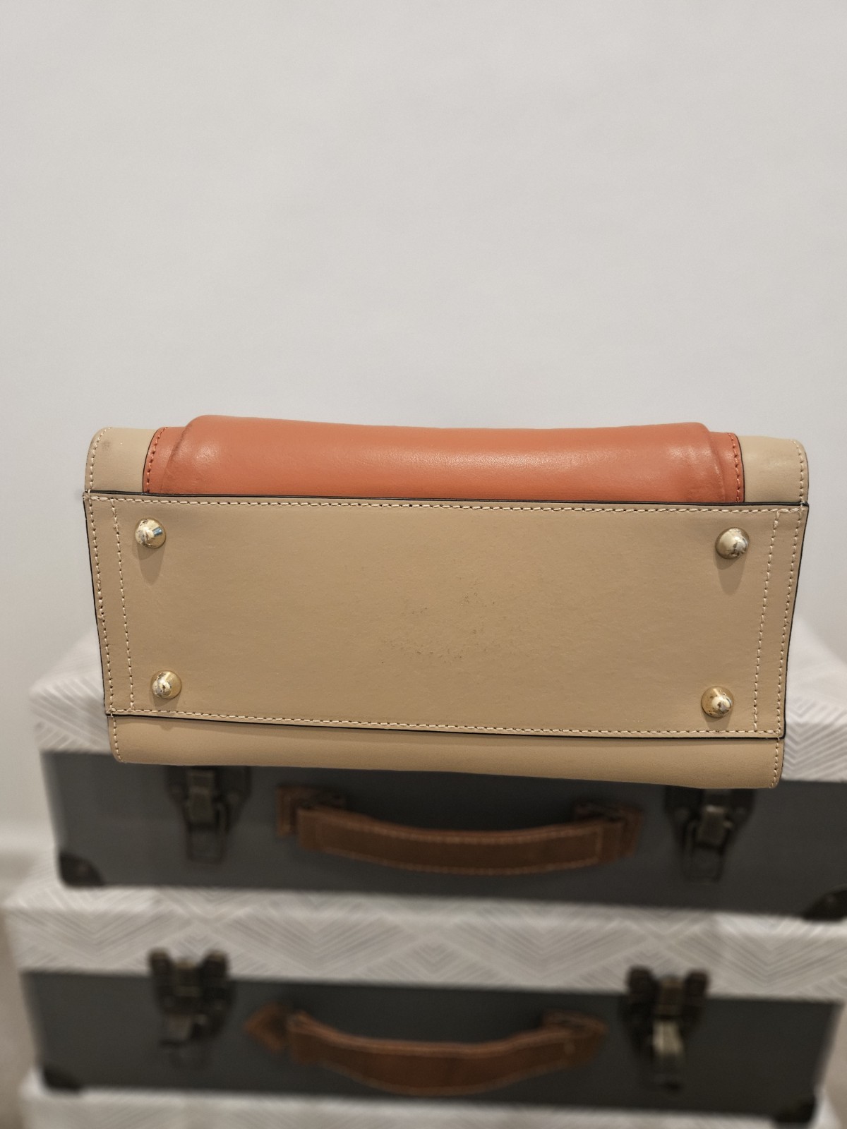 Orange Beige Colorblock Satchel Top Handle Bag Zip Top Detachable Strap Gold HW