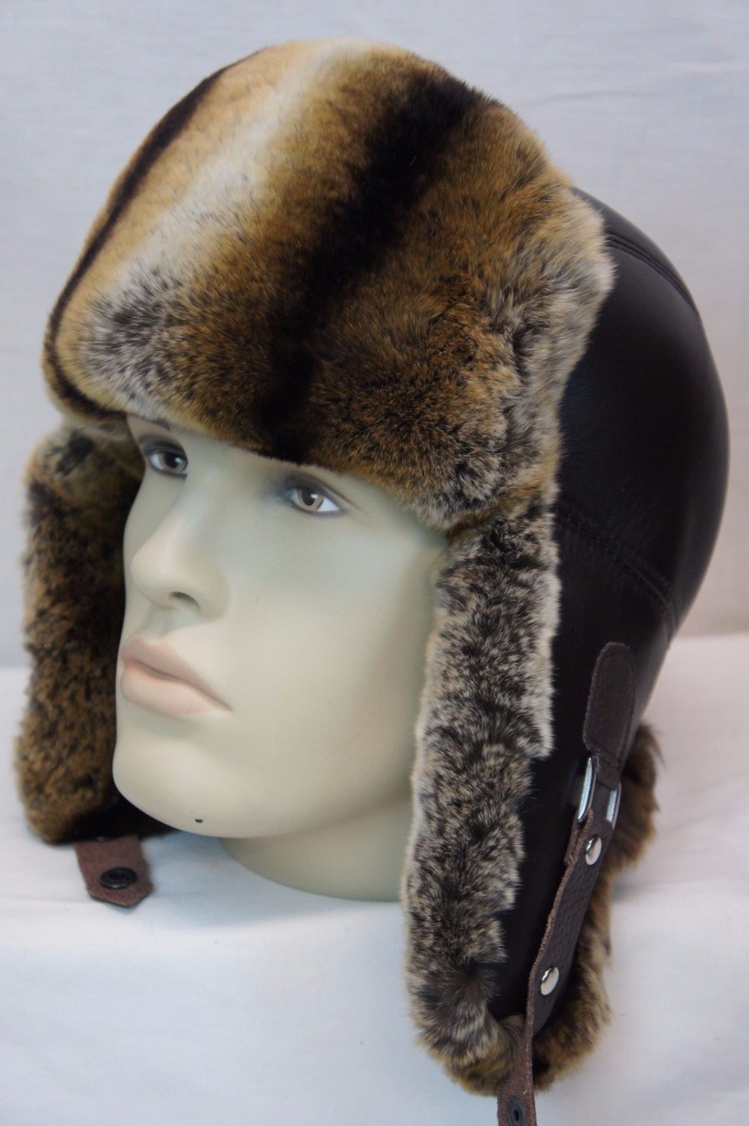 GENUINE CHINCHILLA Rex Fur REAL LEATHER Unisex Trapper Ushanka Winter Hunter Hat