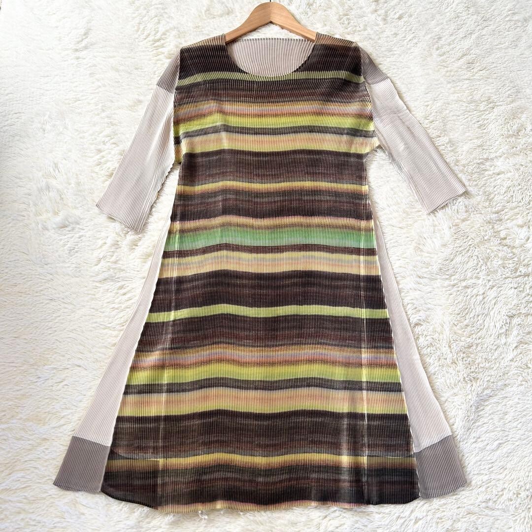 M.&KYOKO Pleated Beige Multi Knee Length 3/4 Sleeve Dress FreeSize Auth