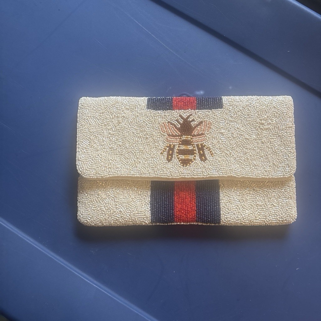 Women’s Beige Envelope Folding Wallet w/ Bee Motif, Red/Blue Stripe Snap