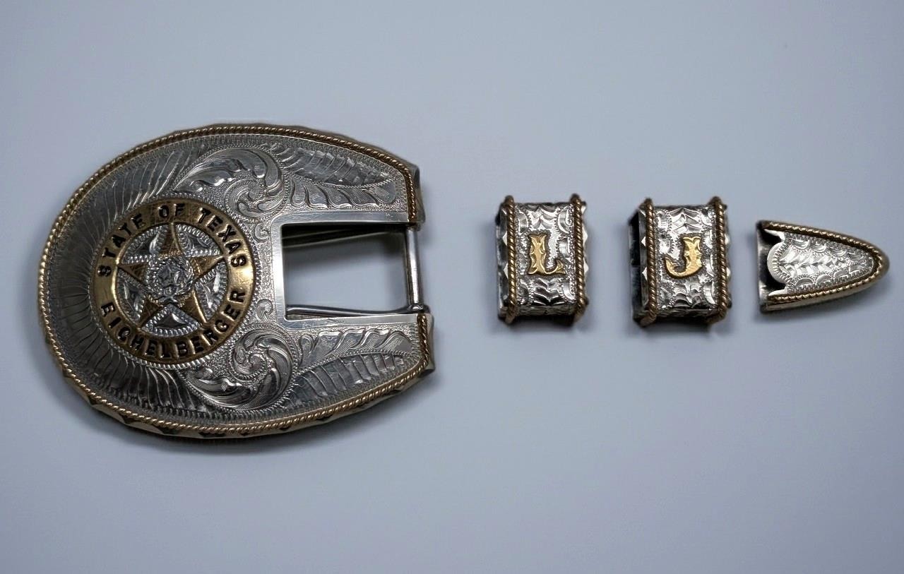 vintage 4PC belt buckle TEXAS custom made GERMAN SILVER nickel silver WESTERN