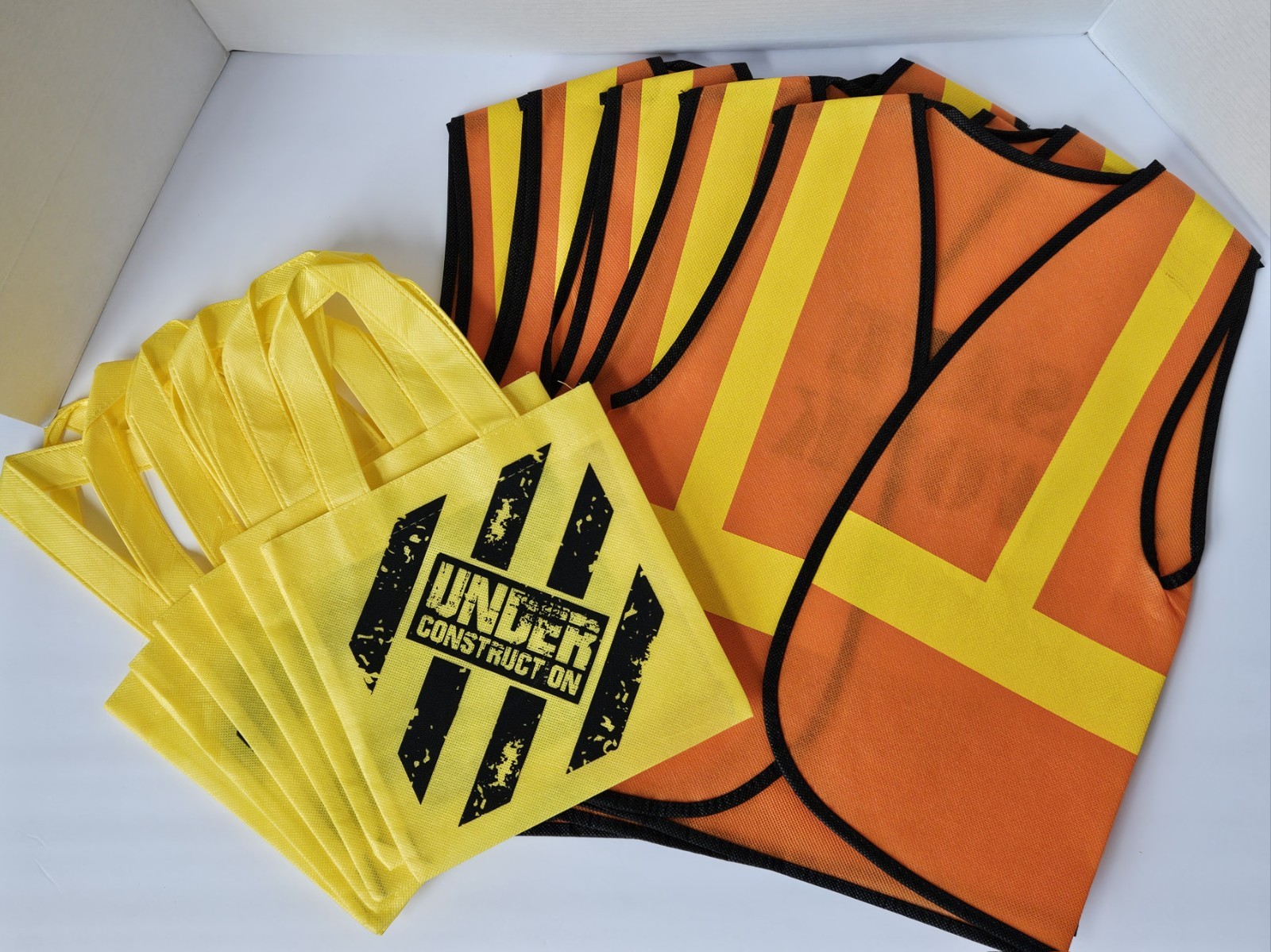 Set of 5 Kids Construction Worker Orange Safety Vest Costumes and 6 Goodie Bags
