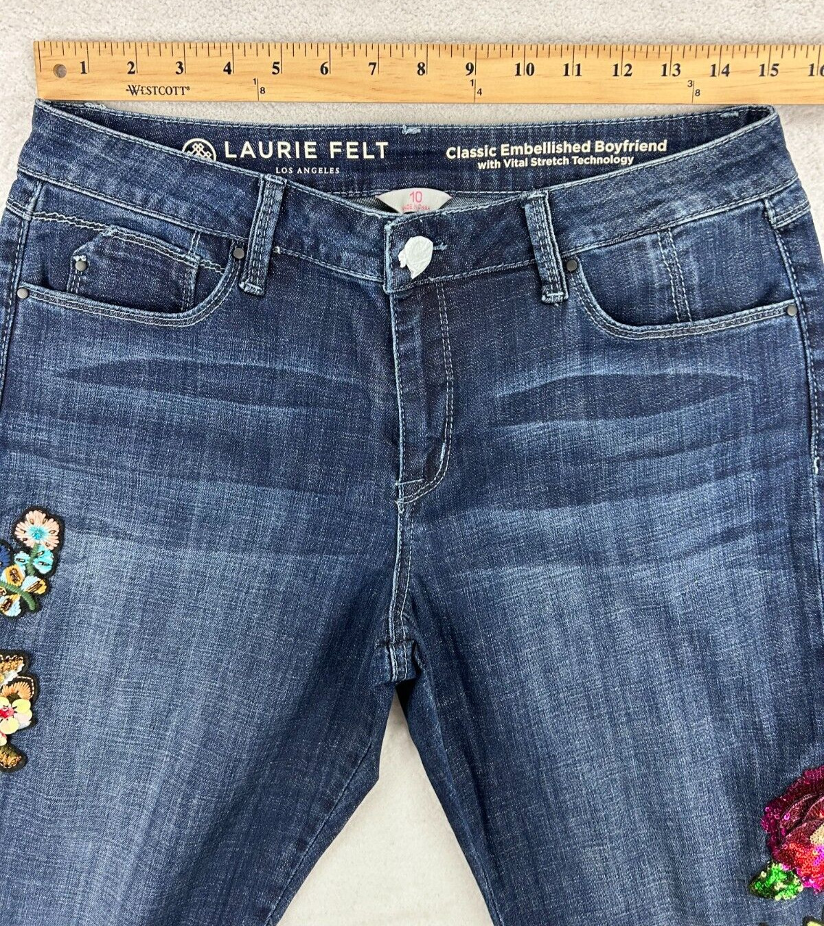 Laurie Felt Classic Boyfriend Jeans Women 10 Floral W/Vital Stretch