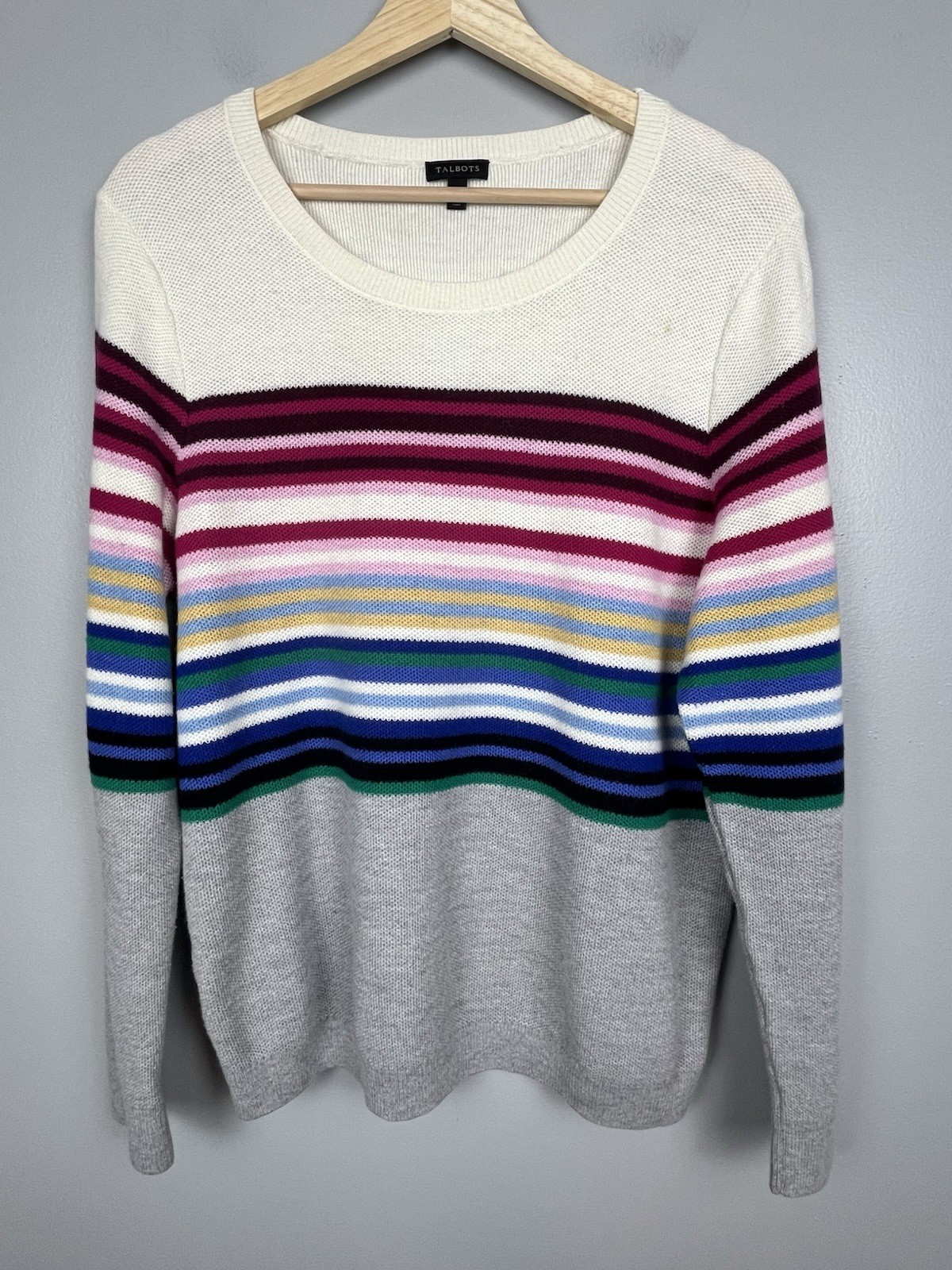 Talbots cotton blend ivory multicolor stripe crewneck sweater, XL.