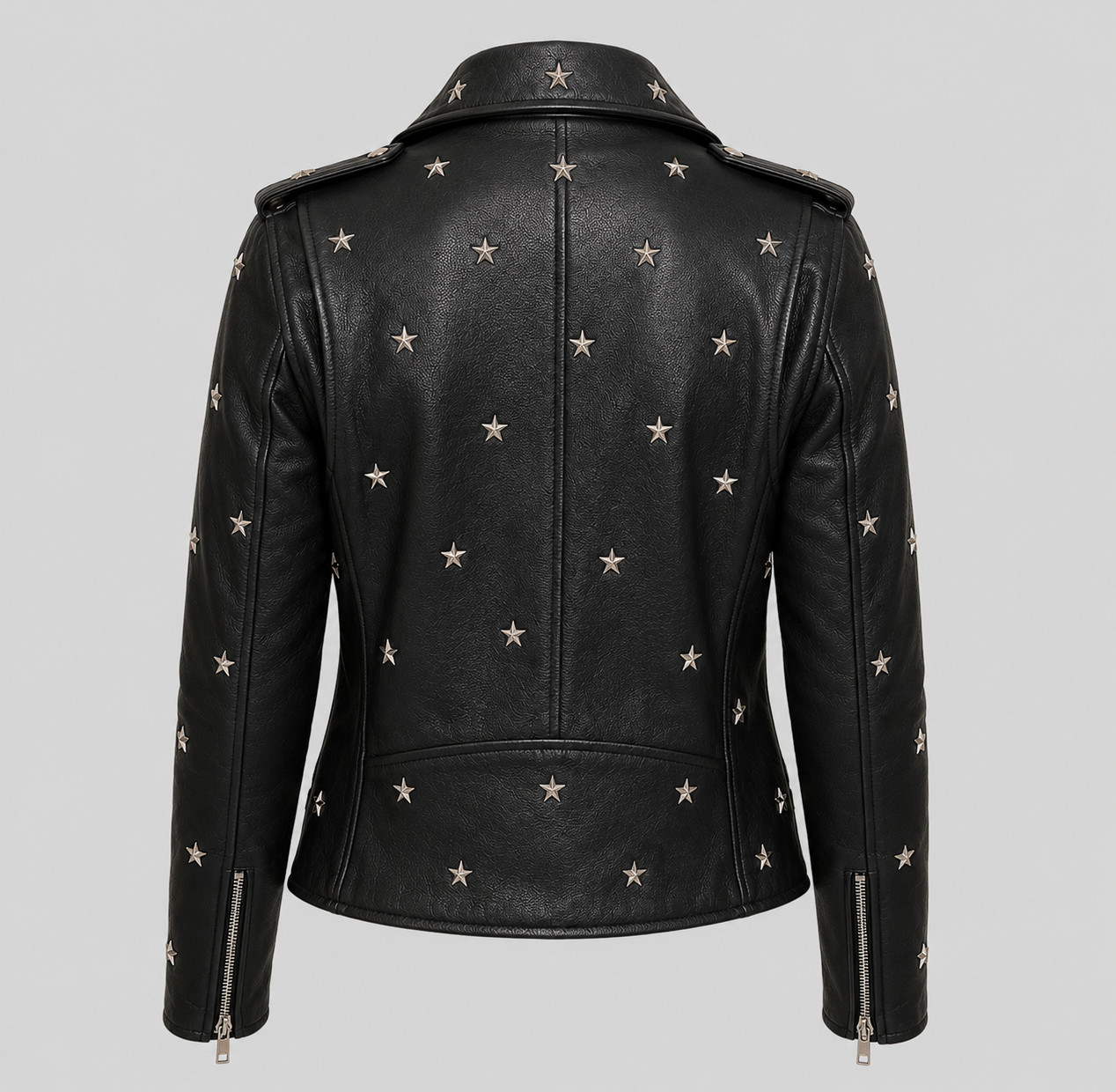Women Handmade Black Leather Biker Jacket – Star Studded Moto Punk Rock Zip Coat