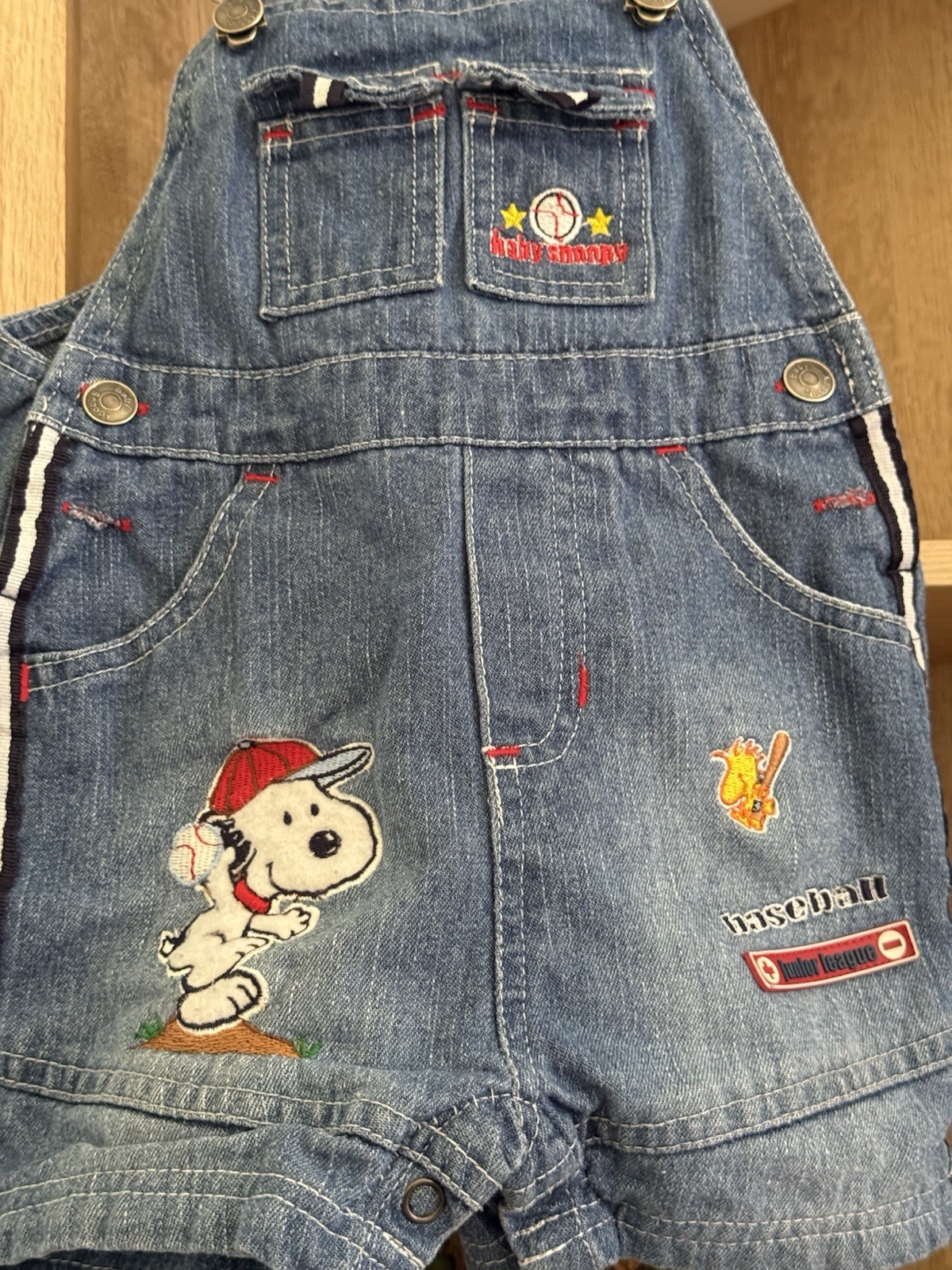 Vtg 90s Y2K Baby Snoopy Baseball Denim Shortalls Overalls 6-9M Woodstock Mint