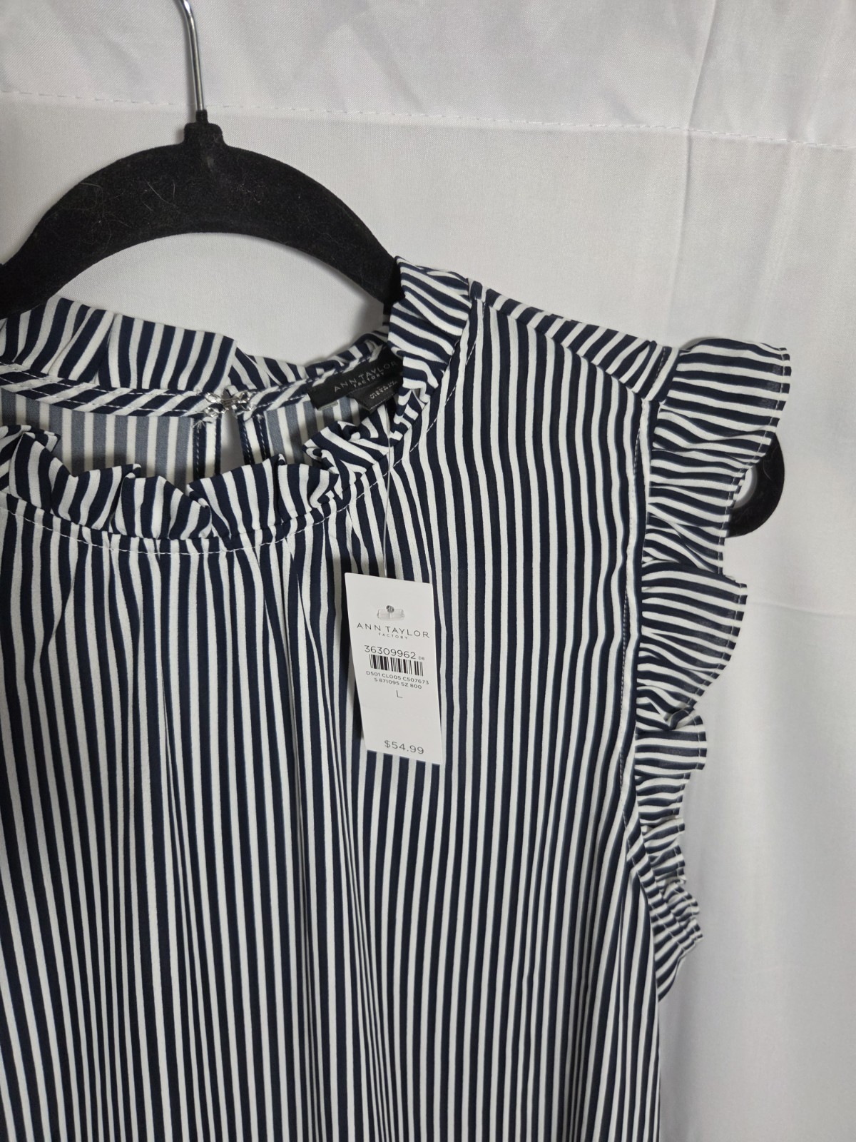Ann Taylor Factory Black/White Striped Sleeveless Ruffle High Neck Blouse L