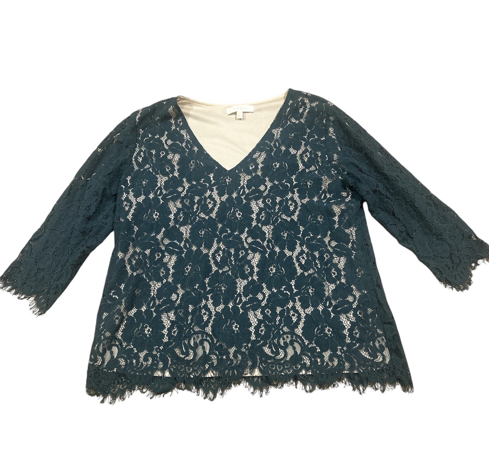 Adiva Dark Green Floral Lace V-Neck Blouse Top Size XL