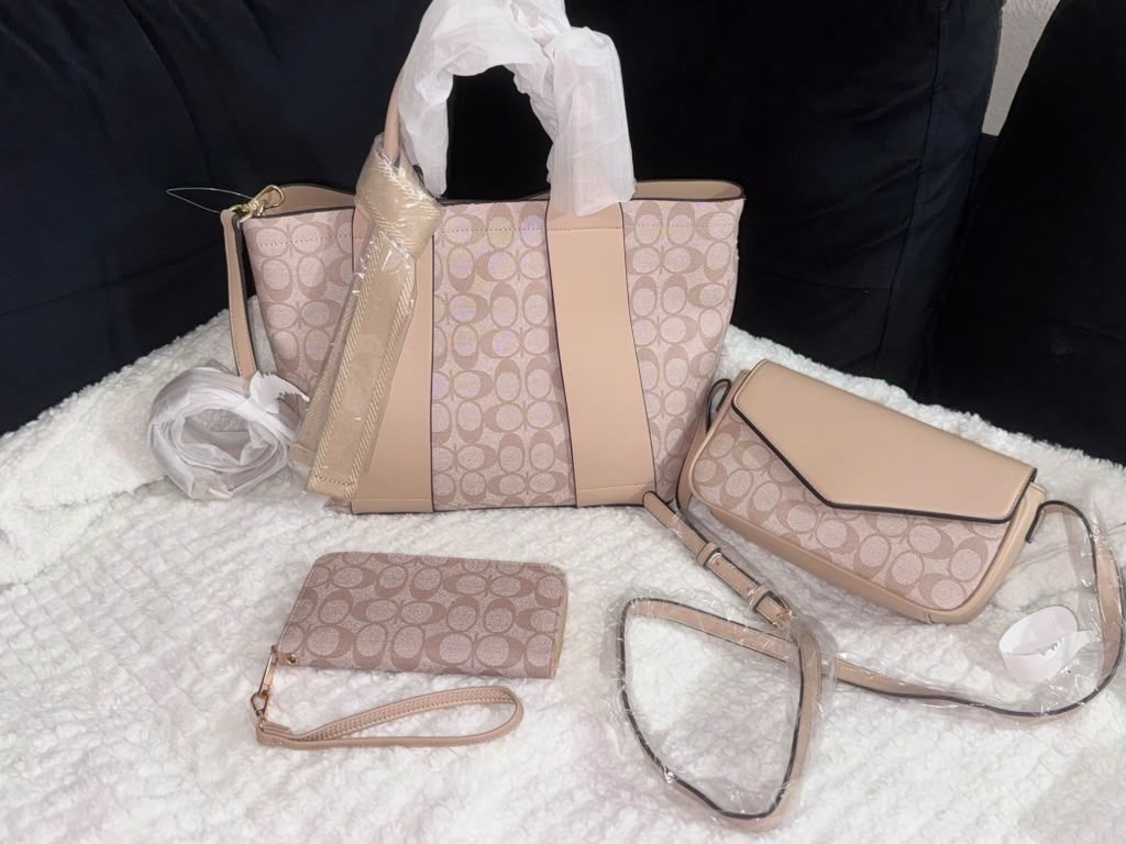 Coach Beige Pink Monogram Logo Zip Tote 3-Piece Set Crossbody & Wristlet