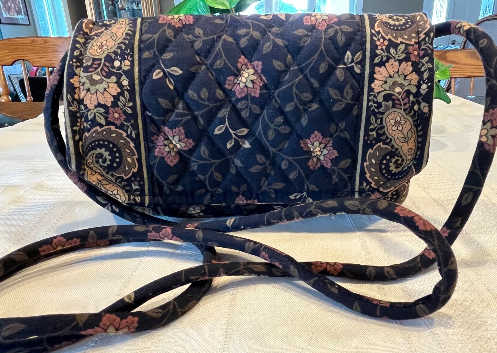 Vera Bradley Vintage Crossbody Organizer Black Walnut Wallet with Strap 1999 US