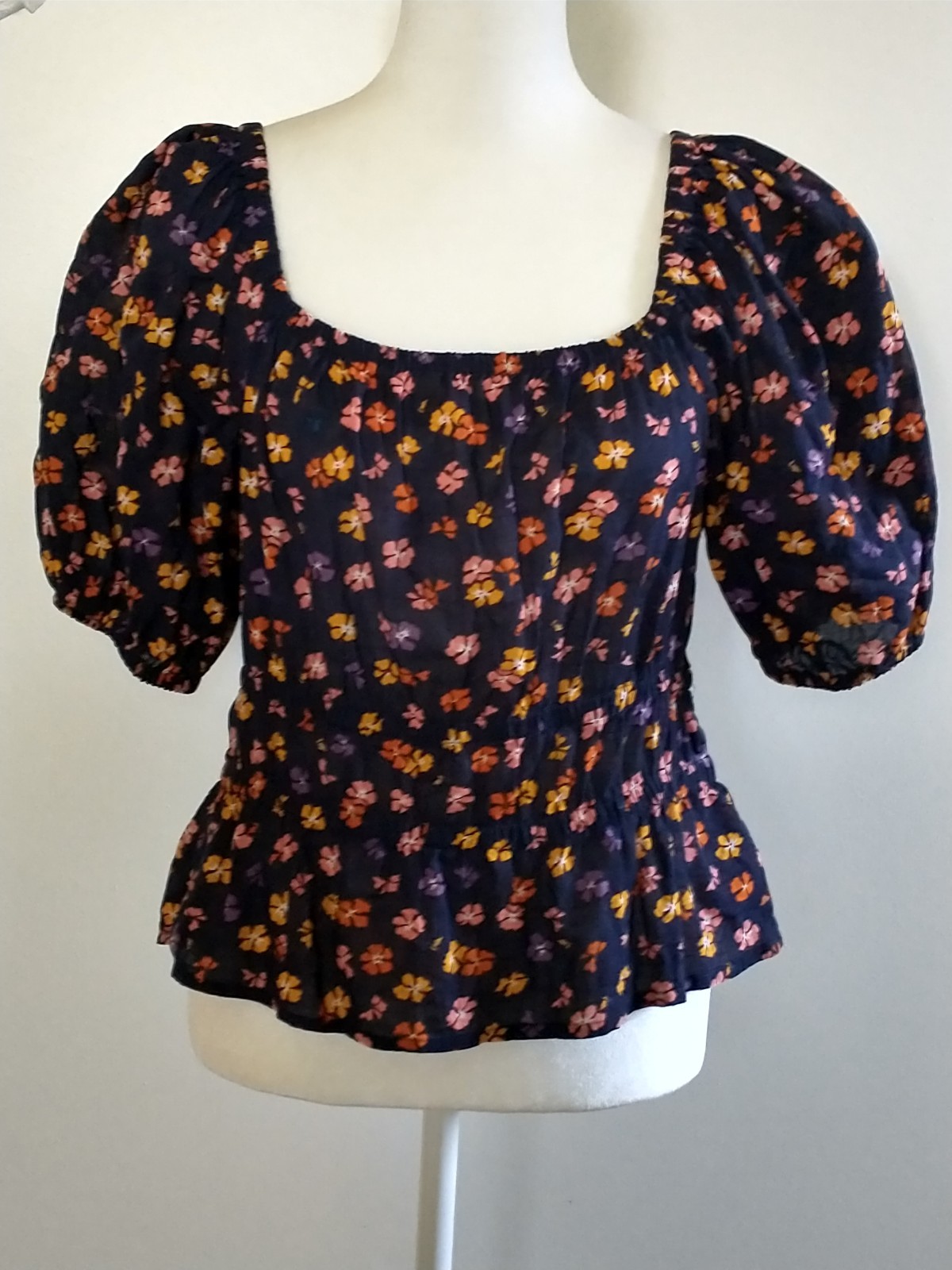Madewell Navy Blue Floral Boho Peplum Puff Sleeve Blouse Top S